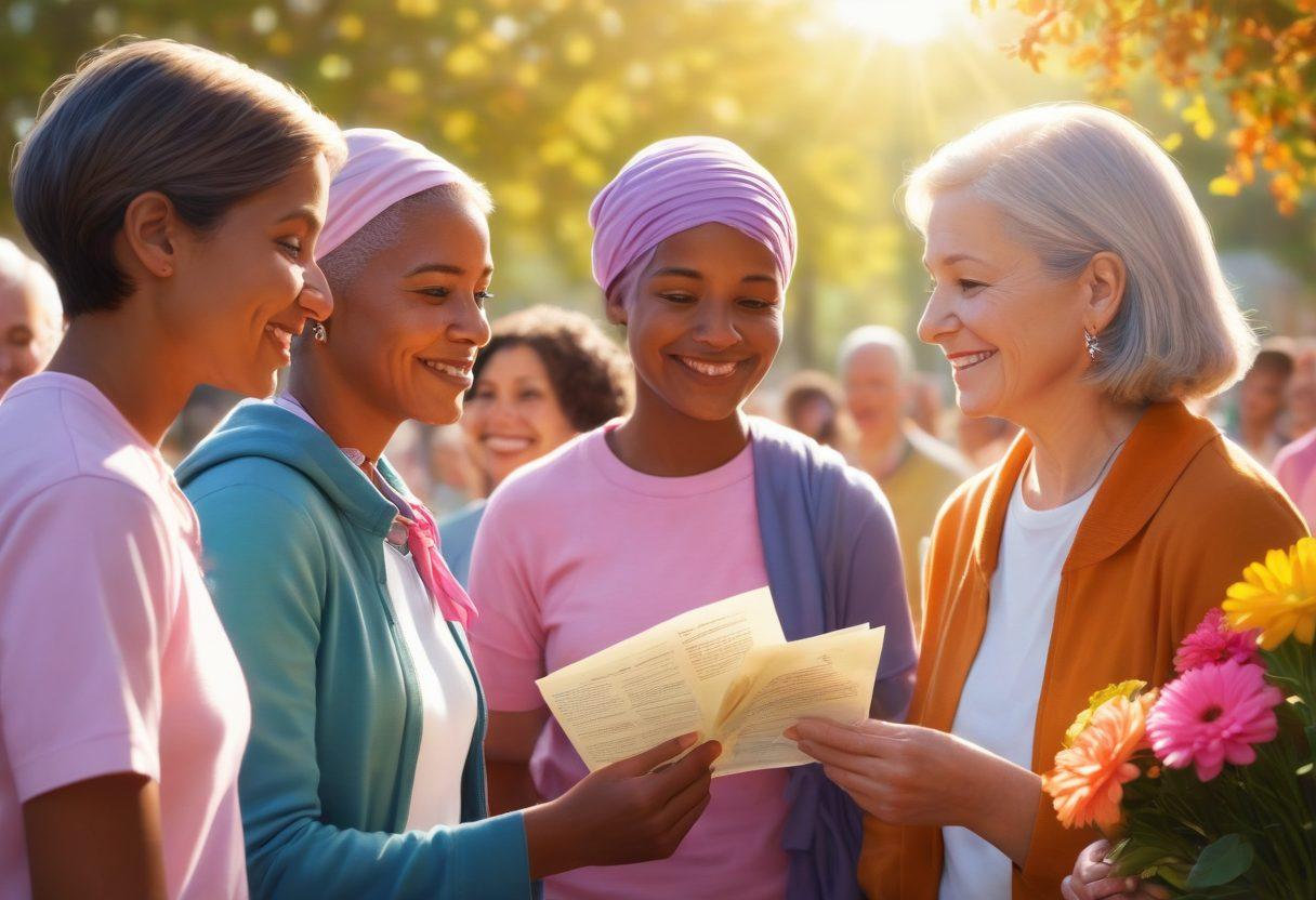 A hopeful scene depicting diverse individuals of different ages and backgrounds coming together in a warm, sunlit environment, sharing stories and support regarding cancer awareness. Incorporate symbols of hope, such as ribbons and flowers, while showcasing accessible resources like informational pamphlets. The atmosphere should radiate positivity and community strength. vibrant colors. super-realistic.