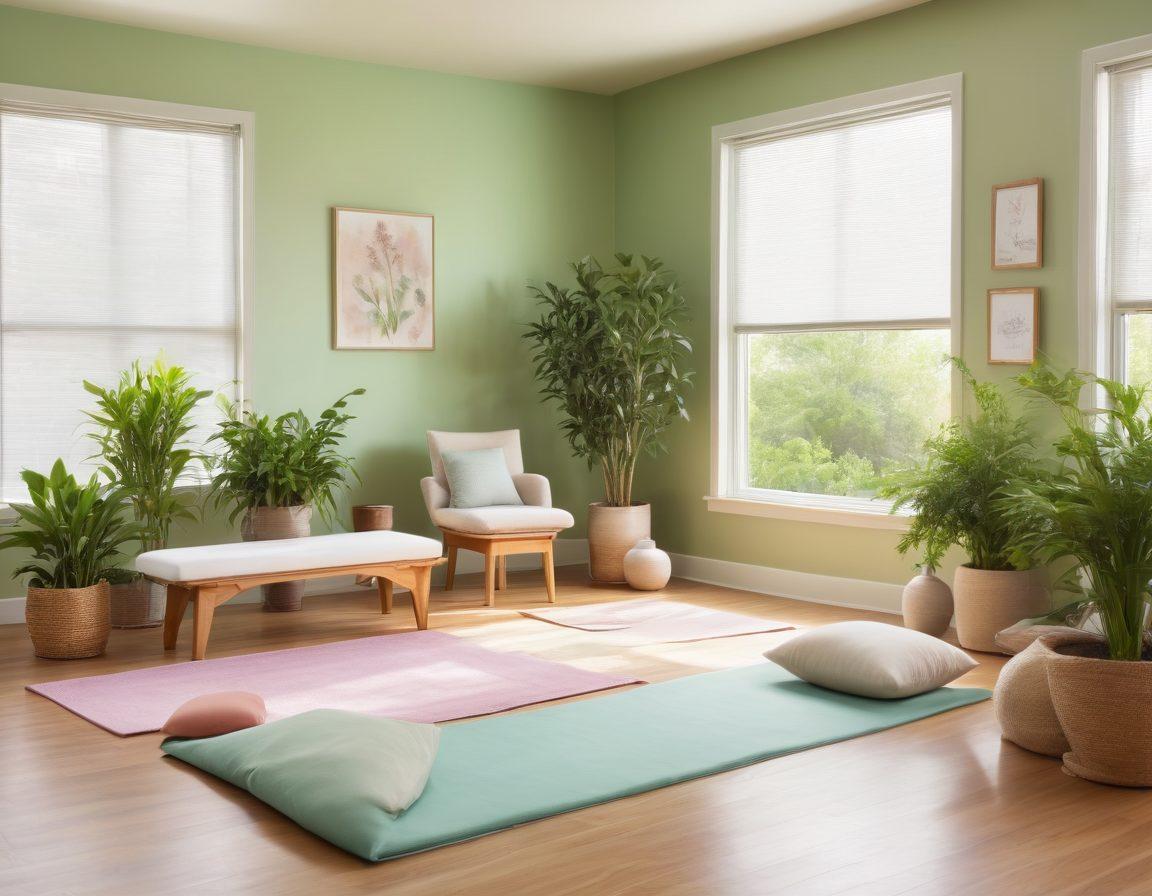 A serene therapy room filled with natural light, showcasing various holistic health tools such as herbal remedies, meditation cushions, and yoga mats. In the foreground, a compassionate healthcare provider discussing treatment options with a patient, surrounded by green plants symbolizing healing and growth. The background features soft pastel colors to promote a calming atmosphere. super-realistic. vibrant colors. soft lighting.